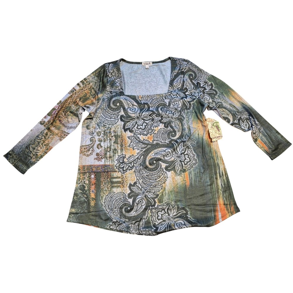 One World Women's 1X Tunic Top Long Sleeve Paisley Print Square Neck